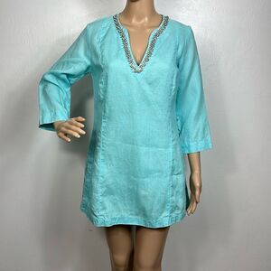 Malvin Linen 3/4 Sleeve Embellished Neckline Tunic Top In Aqua Size S
